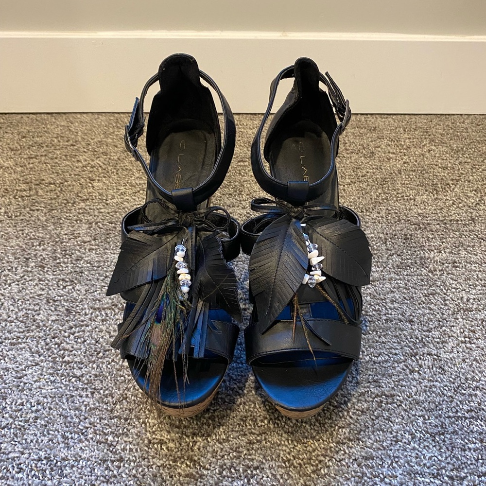 Black Feathered Women's 5.5” Heels Sandals Boho Festival Size 9